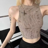 2024 ฤดูร้อนใหม่ High Street Retro Tank Top ผู้หญิงสั้น Slim Fit เอวสูง Crop Top เหนียวโพลีเอสเตอร์ผ