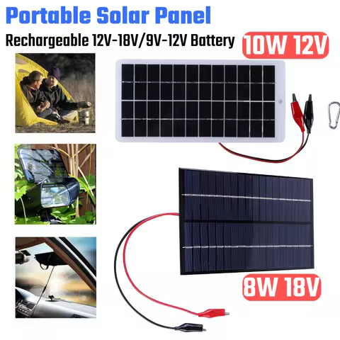 8W 18V/10W 12V Portable Solar Panel with Clip Solar Waterproof Charging Panel Outdoor Camping for 12