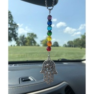 ChakraMid Hamsa Hand, Hand of Fatima Car Charm, 7 Chakra Colors Czech Glass Beaded Rear View Mirror 
