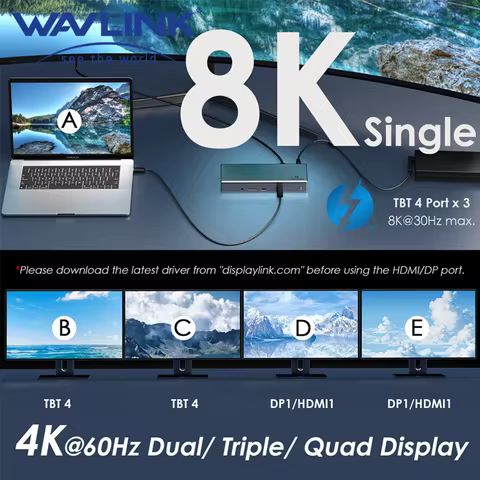 Wavlink Thunderbolt 4 Quad 40Gbps Cable/Docking Station With 98W Laptop PD Single 8K@30Hz Quad 4K@60