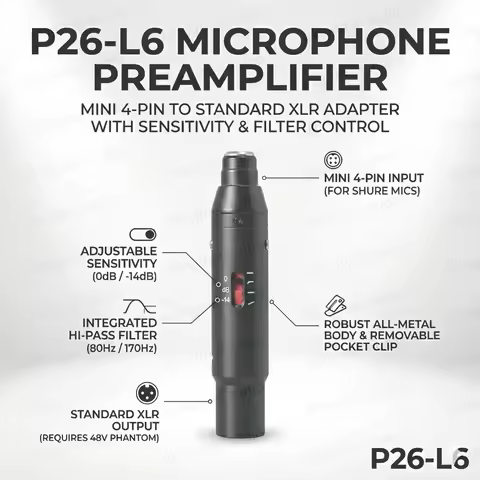 P26-L6 In-line Preamplifier for Shure WBH53 Beta 53 Beta 91 Beta 98 WB54 Microphone Adjustable Sensi
