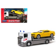 Scania P320 Car Carrier Flatbed Truck w/ Chevy Camaro ZL1 Metal Toy Diecast Collection Car