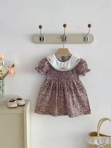 2026 New Summer Baby Dress 9M-4T Cute Floral Thin Girls Dress Embroidered Flower Collar Kids Sweet P