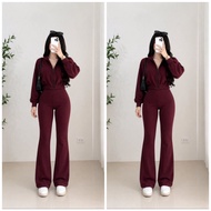 Alora Terno Flare Pants and Garterize Long Sleeve Top - Minimalist Spanribs Fabric Full Length