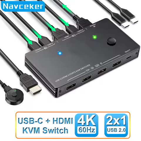Navceker Thunderbolt 3 USB C HDMI KVM Switch 4K 60Hz Type C USB KVM Switcher 87W PD Charge for 2 Com