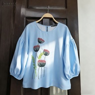 ZANZEA Women Sping Streetwear Lotus Root Print 3/4 Sleeve Blouses Crew Neck Loose Basics Top #0323