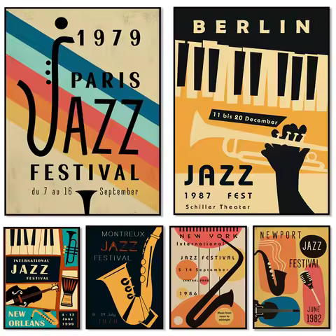 New York, Berlin, Newport, Paris, Montreux jazz festival poster, jazz festival, trumpet piano, saxop