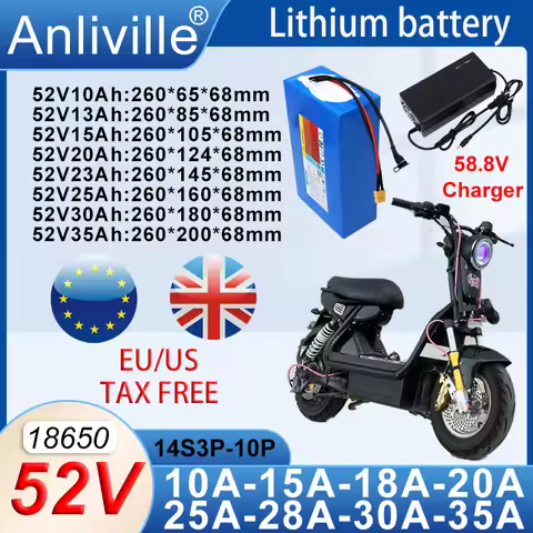 NEW 52V 10Ah 13Ah 15Ah 20Ah 23Ah 25Ah 30Ah 35Ah 18650 Lithium battery pack 14S With BMS For 1500W El