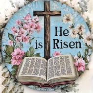 Vintage 8x8" Round Metal Sign Cross Floral Easter Home Cafe Wall Decor