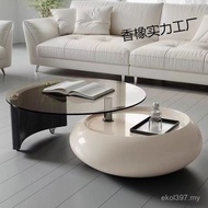 Tempered Glass Designer Cream Light Luxury Round Combination Style Living Rotating Coffee Table High
