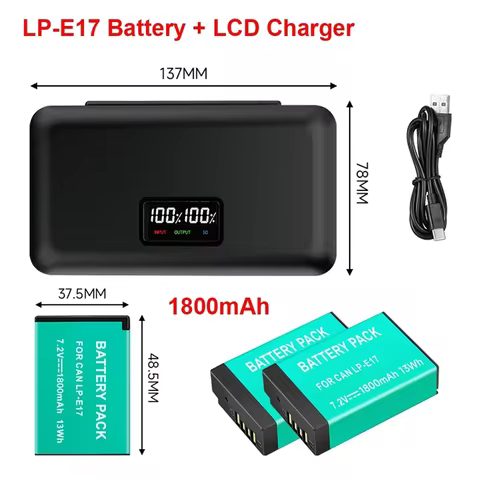 LP-E17 LP E17 Battery LPE17 1800mAh + LCD Dual USB Charger for Canon EOS RP R8 R50 200D 250D M3 M5 M
