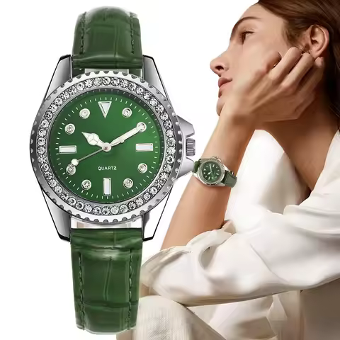 Ladies Luxury Diamond Branded Quartz Watch Fashion 2025 New Simple Green Leather Women's Dress Clock