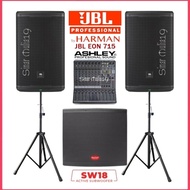 Paket Sound System Speaker Aktif 15 Inch JBL EON715 Subwoofer Aktif BareTone SW18 Mixer Ashley Super