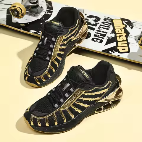 Men's Luxury Jogging Shoes with Black Gold Mesh, Breathable, Fashionable, Comfortable, Fitness and R