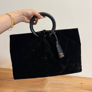 Chanel vintage 菱格紋 天鵝絨 真皮 黑色 金色五金 手提包 手拿包 公事包