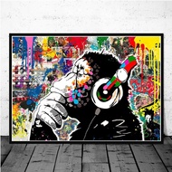 Graffiti Dj Monkey Canvas Art Posters and Print Banksy Animal Paintings On The Wall Pictures For Liv