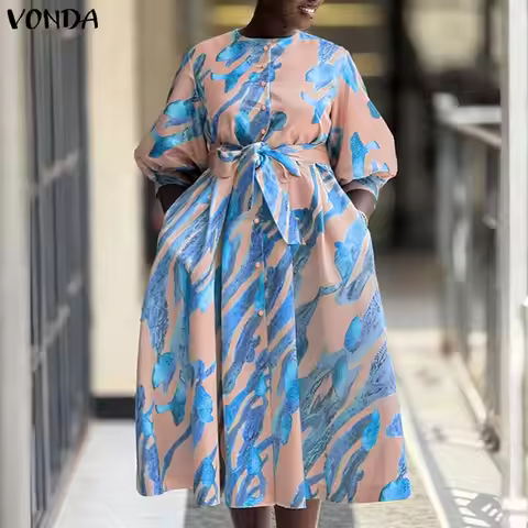 Plus Size VONDA Autumn Dresses Women Bohemian Print Midi Sundress 3/4 Sleeve Belted Casual Long Robe