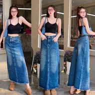 Dark Long Denim Skirt With Faded Trim Side Slit Ends With Ripped Jsara21362
