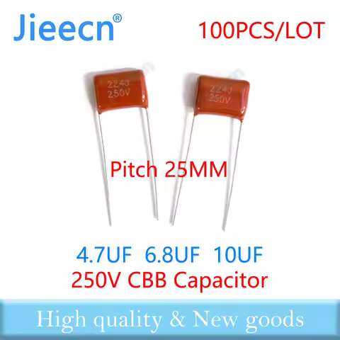 Jieecn 100PCS 25MM 250V 4.7UF 6.8UF 10UF 475J 685J 106J CBB Polypropylene Film Capacitor High Qualit