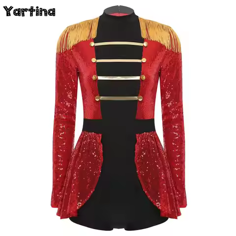 Womens Circus Ringmaster Lion Tamer Cosplay Costume Outfits Skirted Boyshorts Bodysuit Sparkly Sequi