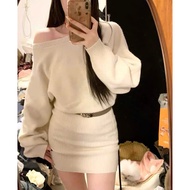 2-DETAILED WOOL SET: BATWING SWEATSHIRT + SHORT SKIRT