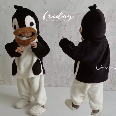children's fleece home wear set New penguin plush suit Baby winter warm double-faced plush home wear