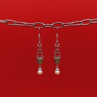 MrR手作不鏽鋼圈S925銀鉤聖潔家庭珍珠吊墜吊掛式耳環一對