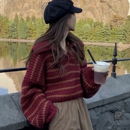 Christmas Red Striped Long-sleeved Women's Knitted Sweater V-neck Winter Loose Sweater