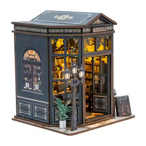 DIY Dome Book Warehouse Book Nook Wooden Miniature Model Kits Bookend 3D Puzzle with LED Light for F
