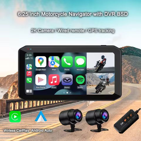 MAXCA X7 Waterproof 6.25 inch Wireless CarPlay and Android Auto Motorcycle Navigator 2K Camera DVR W