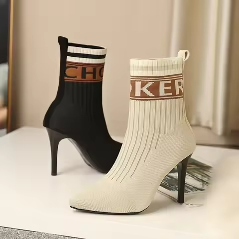 Black 9.5cm Winter Sock Boots 2025 New High-heeled Women's Boots Autumn Short Boots Knitted Pointed 