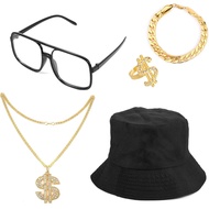80s 90s Hip Hop Costume Outfit Kit, Bucket Hat Gold Dollar Sign Chain Gold Ring Gold Earring Black G