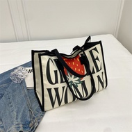 Strawberry Printing Gentle Woman Niche Canvas Bag 2023 New Large Capacity Tote Letter Shoulder Bag