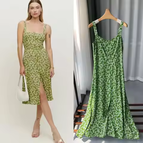 Dress Fresh Green Daisies · French Retro Green Floral, Wide Shoulder Strap Square Neck Suspender dre