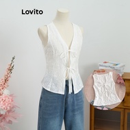 Lovito Casual Top Plain Eyelet Embroidery Lace Up Commute Classic And Versatile Tank Top for Women L