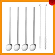 uxcell Stainless Steel Straw Spoon Reusable Metal Straw Spoon with Cleaning Brush for Milkshake Drink Cocktail 20 cm Silver 4 Pack