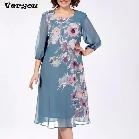 Plus Size Dress Women Summer Beach Holiday Dress Boho O Neck 3/4 Sleeve Party Dresses For Women Fash