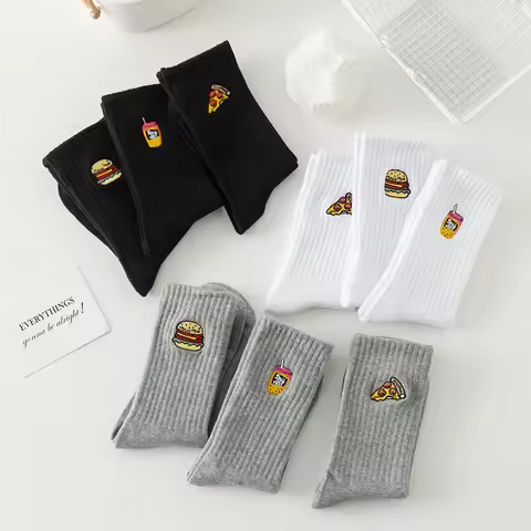 Funny Embroidery Hamburger Pizza Pattern Thickened Socks, Warm Winter Socks, White, Black, Gray, Cas