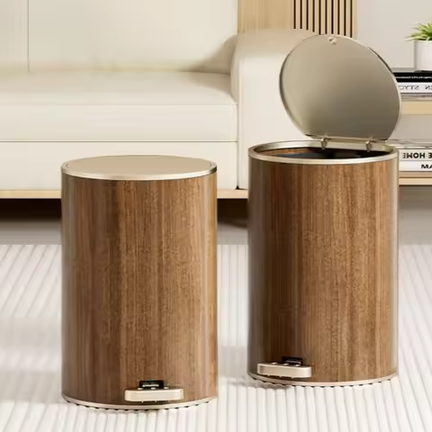 Retro Wood Grain Wastebasket Large Capacity Silent Recycle Bin Kitchen Trash with Lid Storage Foot P