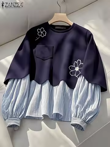 Fashion Women Hoodies ZANZEA Casual Long Sleeve Autumn Spring Striped Patchwork Sweatshirts Embroide