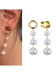 2pcs Pearl Dangle Gauges For Women 18K Gold Plated Dangling Ear Plugs And Tunnels Ear Gauges For Wom