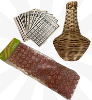 Bingo set with rattan shaker and bingo card black and bingo chips wood back to back numbers