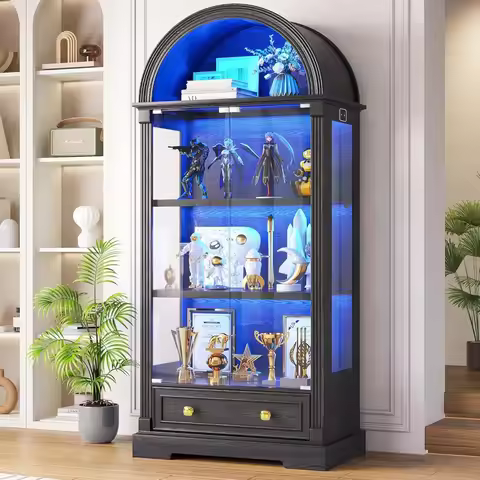 Black Curio Cabinet with Glass Doors, 72 Tall Arched Display Cabinet with Human Sensor Lights, 4-Tie