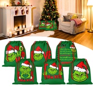 Christmas Goody Bag Double-sided Printed Linen Drawstring Pocket Grinch Gift Bag