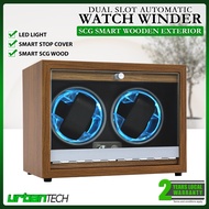 Dual Slot Automatic Watch Winder Wooden Exterior and LED Light Walnut Wood Watch Box Storage