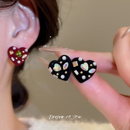 DREJEW silver needle Super sparkling diamond flocked pearl heart-shaped stud earrings, retro and ver