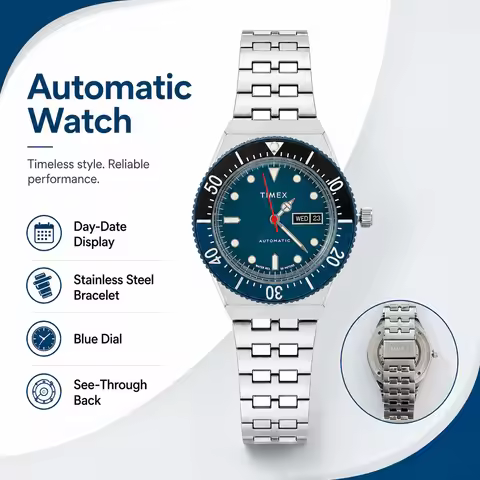 Men Timex Automatic Automatic Watch Retro Diver Blue Dial Rotating Bezel Stainless Steel Bracelet Da