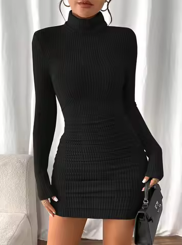 Women's Turtleneck Long‑Sleeve Side Ruched Bodycon Mini Dress