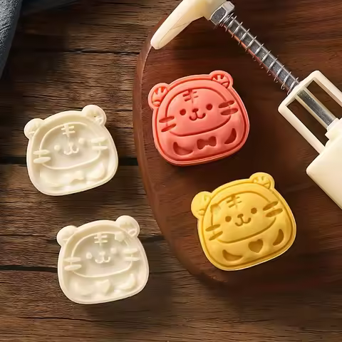 Cute Tiger Shape Pastry Mold,Including 1 Mold And 2 Stamps,DIY Hand Press Moon Cake Stamps,Mung Bean