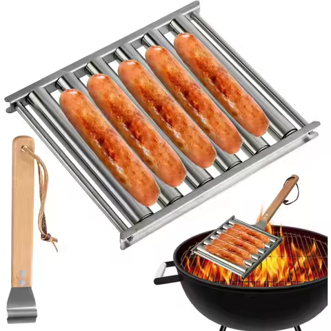 Hotdog Roller Grill with Wood Handle 5 Hot Dog Capacity Multifunction Stainless Steel Grill Accessor